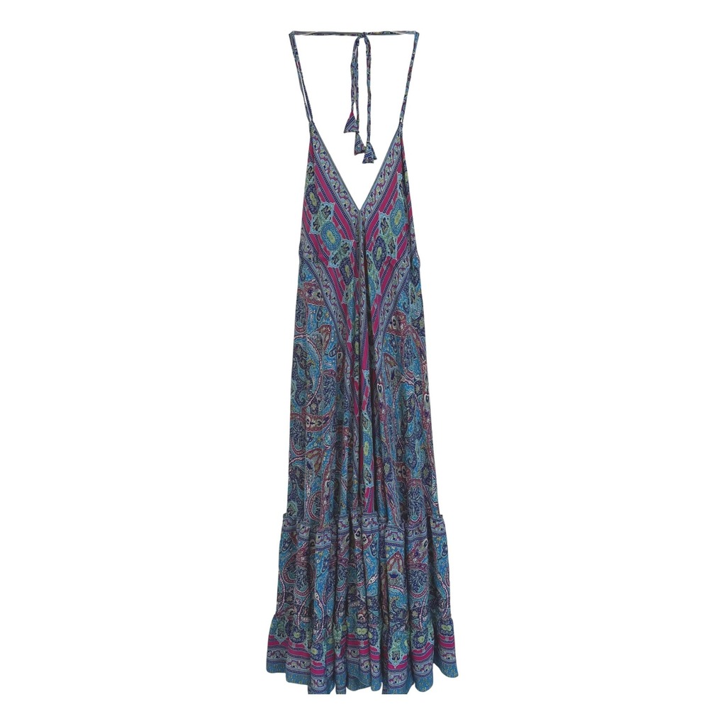 India Boutique Blue Pink Paisley Halter Maxi Dress Tiered Boho Free Size NWOT